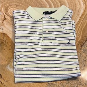 Nautica Men's Polo Shirt - Light Green and Navy Stripes